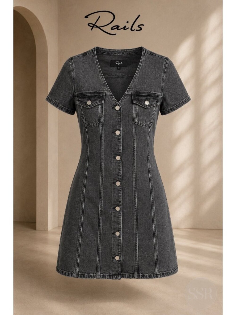 Rails Saratoga Denim Mini Dress M Washed Black Button Front Short Sleeve Pockets